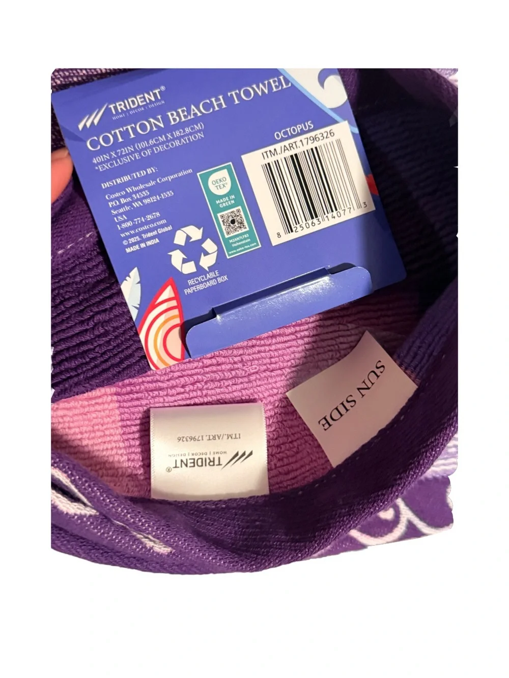 Oversized Beach Towel Cotton Purple Pink by Trident 40in X 72in NWT NEW